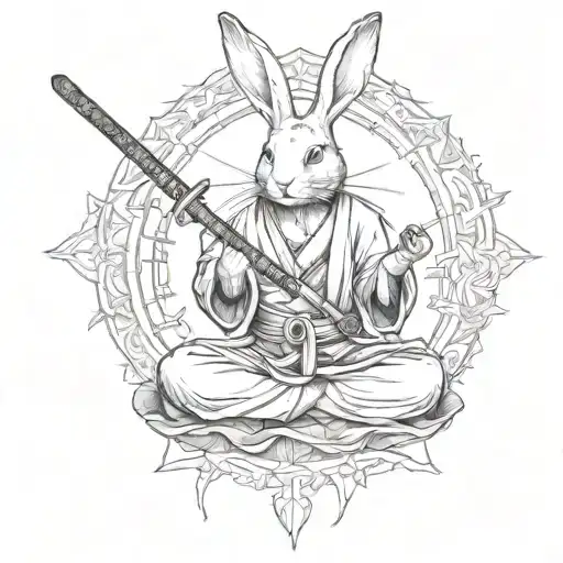 Rabbit In Lotus Position With Katana Behind His Back