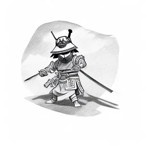 Tiny Samurai With A Katana Wearing Straw Hat Covering His Face