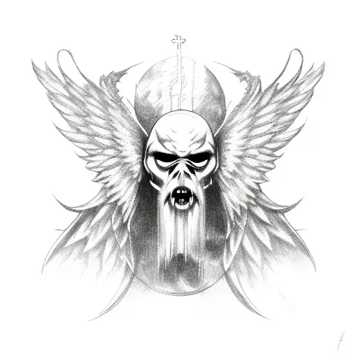 Full Body Angel With Demonic Mask And Wings On Its Back