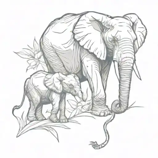 A Sketch Style Tattoo Of A Mother Elephant With Her Baby Calf In A Jungle Setting