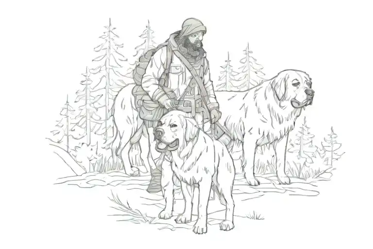 Hunter And Saint Bernard In Forest
