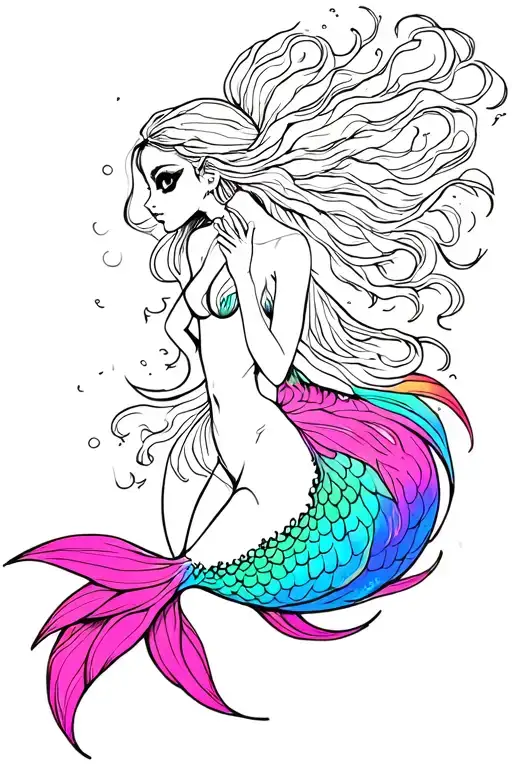 A Black Girl Siren Mermaid With A Colorful Tail Flowing With Black Eyes