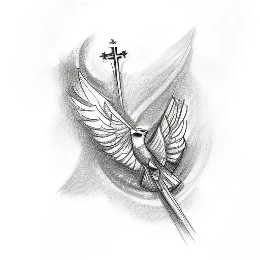 A Sketch-style Tattoo Of A Bird Perched On A Christian Cross