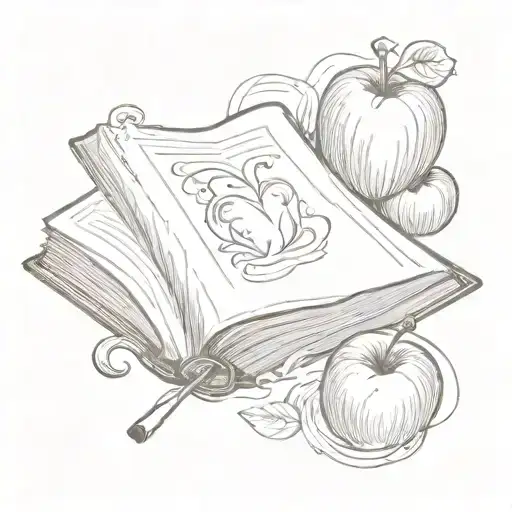 An Open Book With Intricate Details And A Teacher's Apple Sitting On Top
