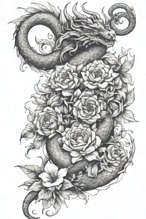 Dainty Tattoo With Alot Of Flowers And A Simple Dragon