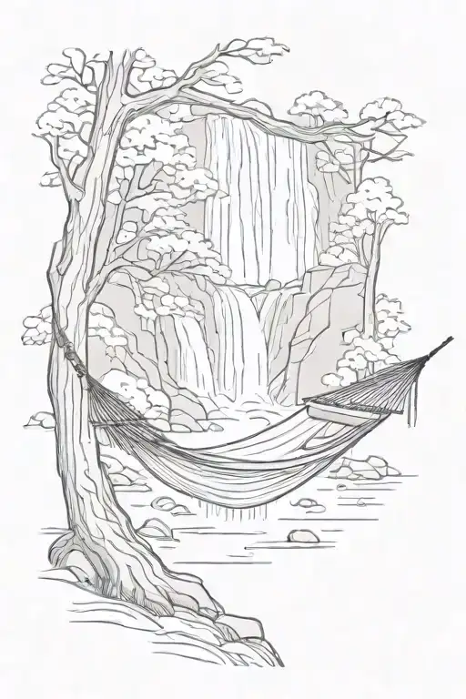 A Hammock In The Woods Beside A Raging River With A Majestic Waterfall