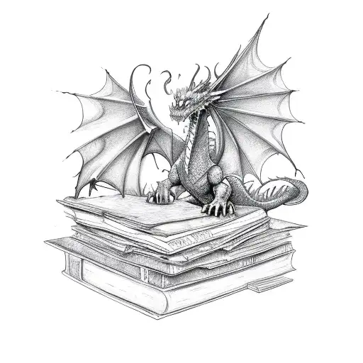 A Fierce Dragon Guarding A Stack Of Books