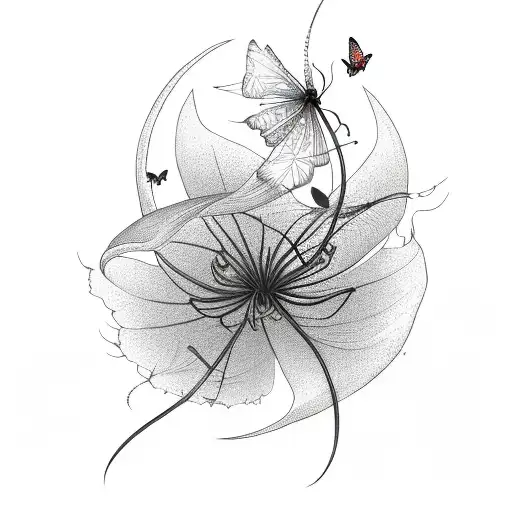 Red Spider Lily With Butterflies And Crescent Moon