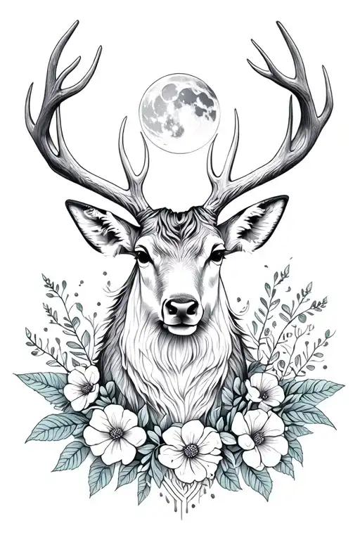 Hirsch With Moon In The Antlers And Flowers Mystical Tattoo Dotwork