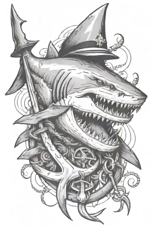 Shark Biting An Anchor Wearing A Sailor Hat