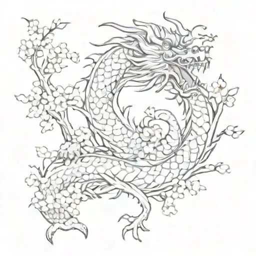 A Traditional Japanese Dragon Coiled Around A Cherry Blossom Tree