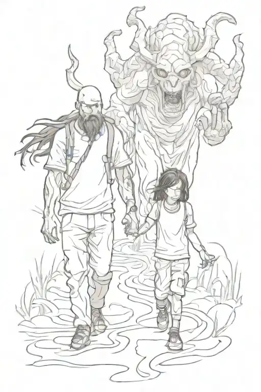 Father Travel With Daughter Holding Hands In A Dangures Road Full Of Demons