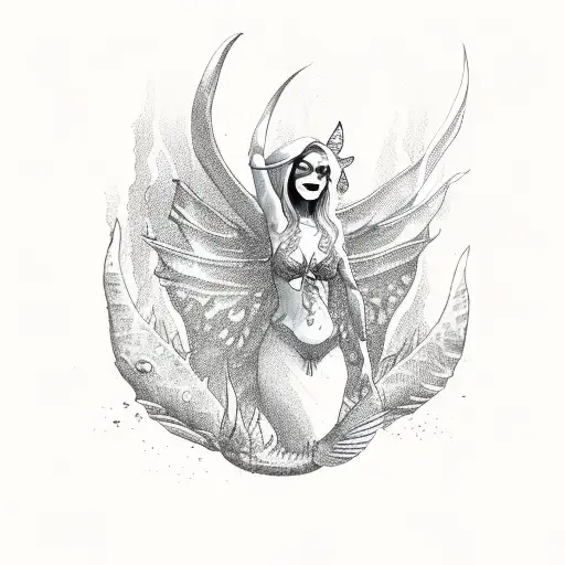 Scary Siren Mermaids In Hurricane Seas With Butterfly Wings