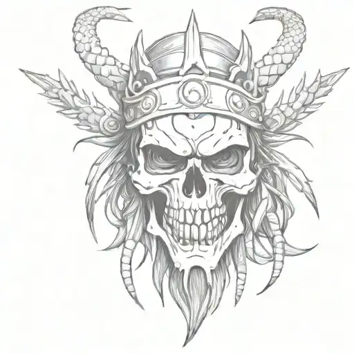 Samurai Skull With Teeth On The Knee With A Crown Of Thorns In Black And White Style Without Color