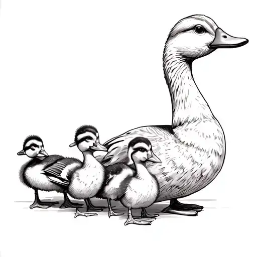 Mother Duck Followed By 4 Ducklings