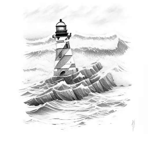 Waves Ceash On Rocks Near Lighthouse With Siren Mermaid