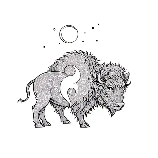 Bison With Yin And Yang And Son And Moon