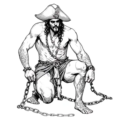 Pirate In Chains And On His Knees Chained Down Hands