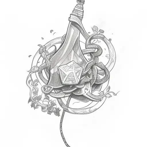 A Sketch-style Tattoo Of A Gaming Controller Entwined With A Vine Of Colorful Aquarium Plants