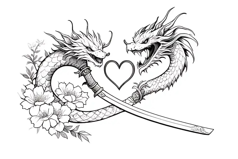 Japanese Dragon With Katana In Flowers And With Heart