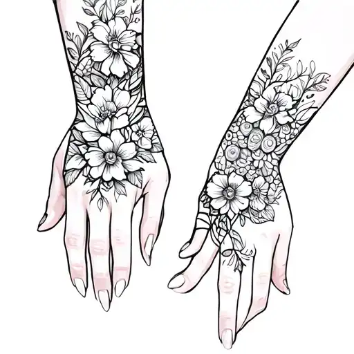 Beautiful Tattoo On The Wrist And Hands With Patterns And Flowers