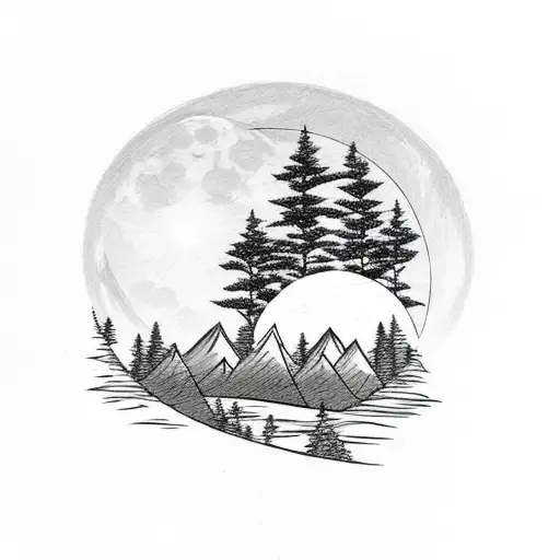 Mountain Scene With Trees And A Rising Moon
