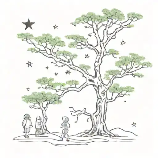 Acacia Tree And Stars Representing Three Children Playing