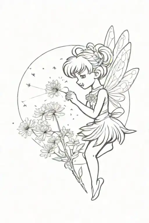 Tinkerbell Blowing A Dandelion With A Mickey Silhouette