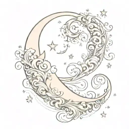 Crescent Moon With Swirls And Smoke And Stars And