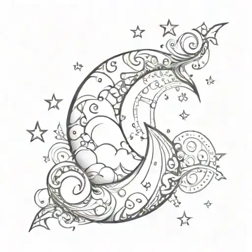 Crescent Moon With Patterns And Smoke And Stars