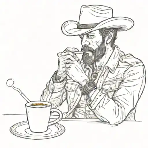 Cowboy Crotched Down Drinking Coffee And Smoking A Cigarette