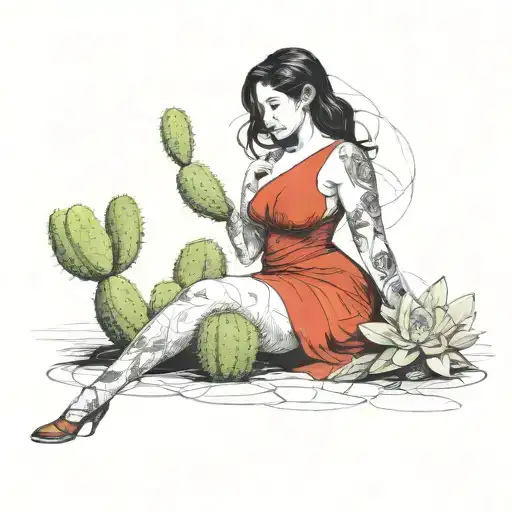 Curvy Darkhaired Lady With Cactus