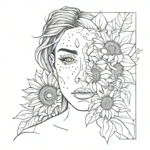 Half Face Woman With Tears And A Sunflower