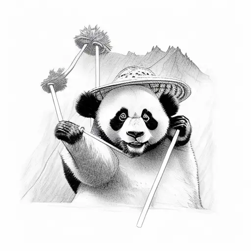 Panda Climbing The Cliff With A Straw Hat