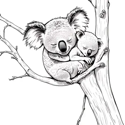 Koala In A Tree Holding Her Baby Koala Sleeping