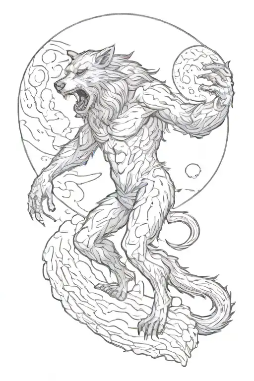 Humanoid Werewolf Standing On Two Legs Looking At The Moon