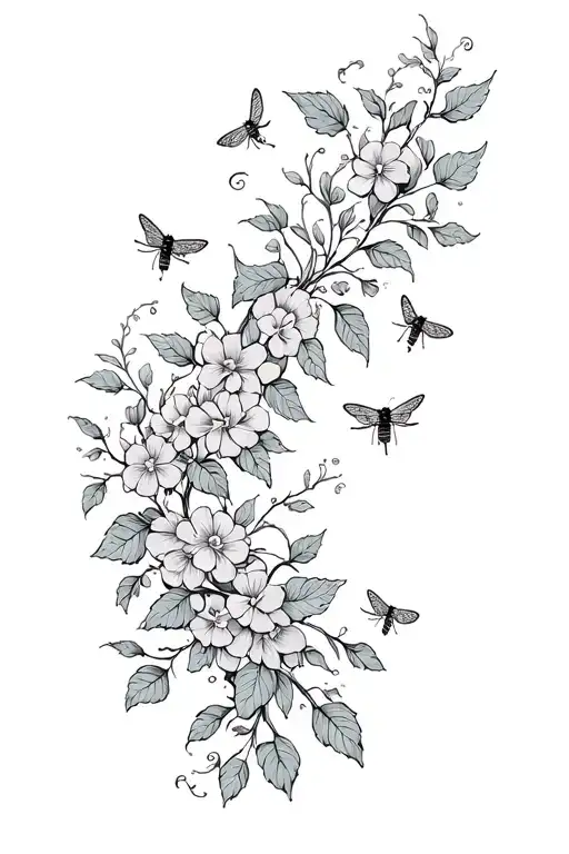 Full Sleeve Of Vines With Flowers And Leaves With Fireflies And Other Little Bugs