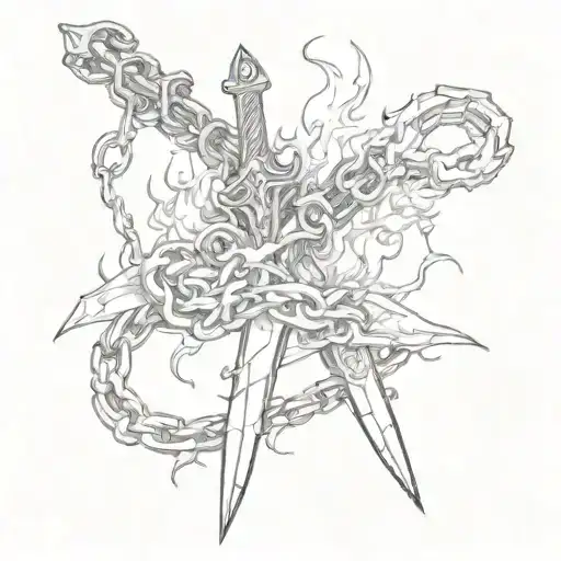 Chains Breaking And Fire Flames And Bloody Dagger