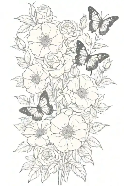 Wild Prairie Roses With Butterflies Surrounding