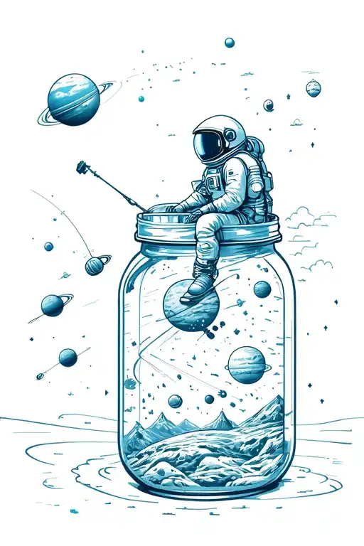 Astronaut Sitting On A Satellite Fishing Into A Mason Jar That Contains The Solar System