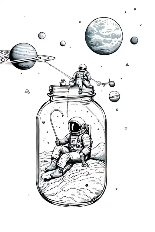 Astronaut Sitting On A Satellite Fishing Into A Mason Jar That Contains The Solar System
