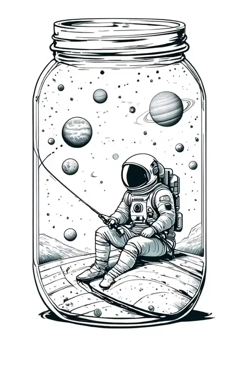 Astronaut Sitting On A Satellite Fishing Out Of A Mason Jar That Contains The Solar System