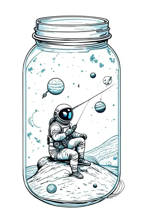 Astronaut Sitting On A Satellite Fishing Out Of A Mason Jar That Contains The Solar System