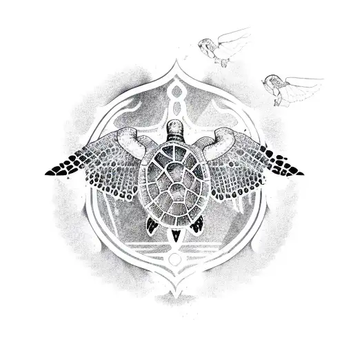 Sea Turtle With Front Paw Turning Into Wings From The Middle