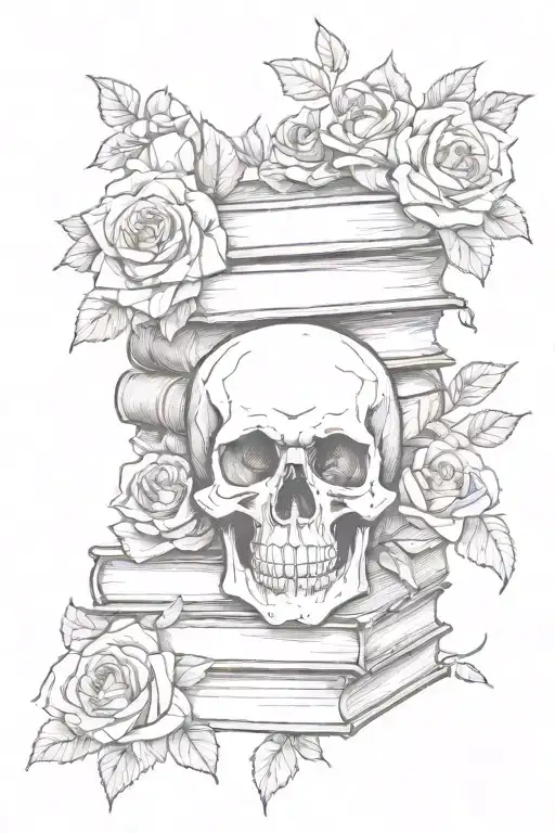Stack Of Book With Skull And Roses