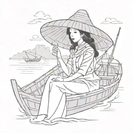 A Vietnamese Woman With A Vietnamese Hat On A Vietnamese Fishing Boat Floating On A Serene River
