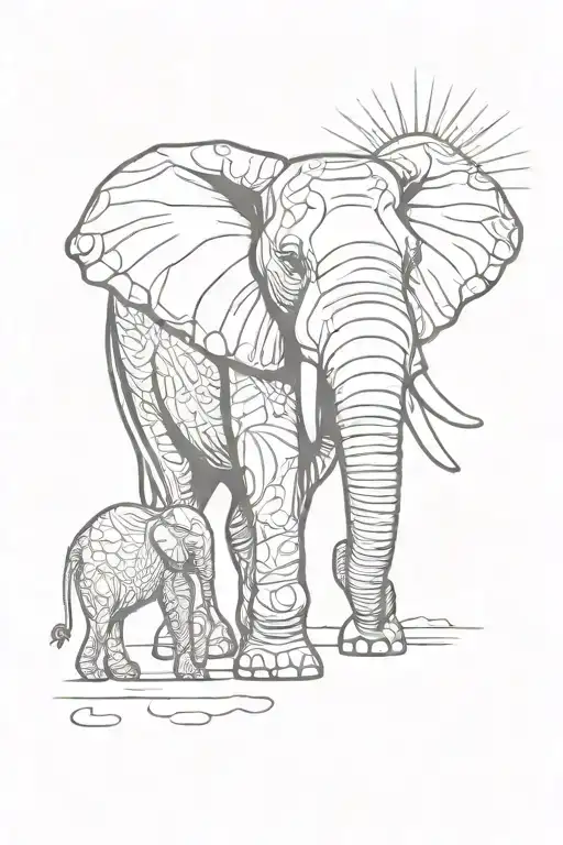 Kenya Outline And Elephant With A Sun Outline And Lines