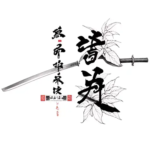 Katana Forward Plants Above The Katana And Japanese Letters Above