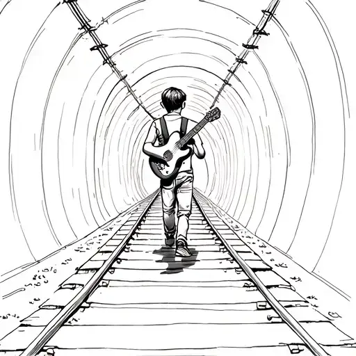 Sketch Of A Boy Carrying A Guitar On His Back Walking Through A Tunnel On A Railway Track