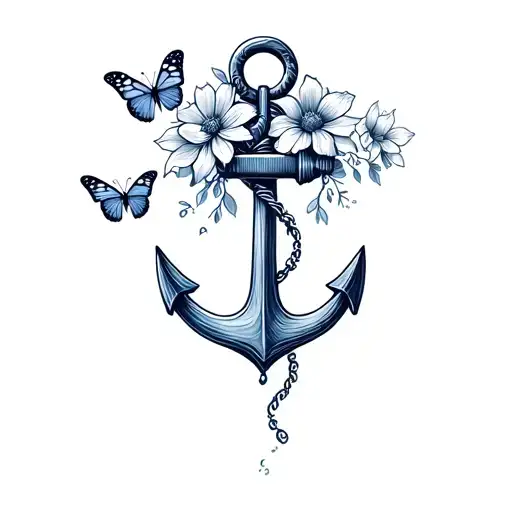 Boat Anchor With Flowers And Butterflies Above